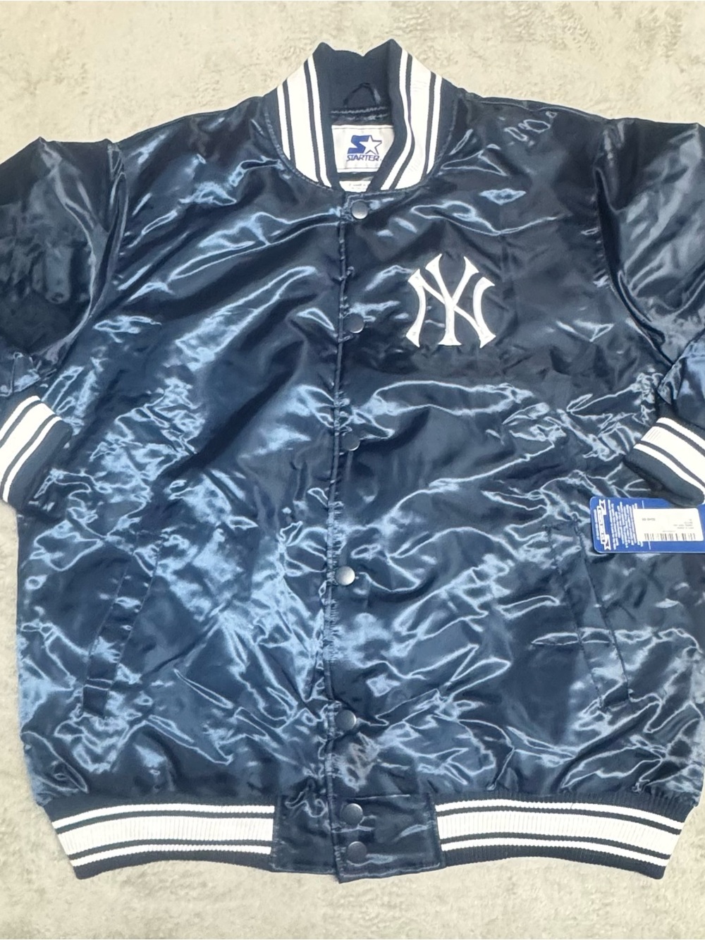 STARTER Navy Blue & White New York Yankees Satin Jacket